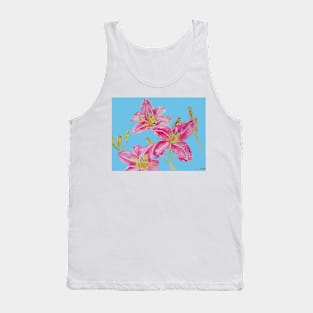 Pink Lily Flower Watercolor Painting Pattern - on Pastel Blue Tank Top